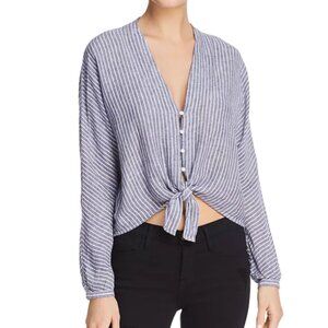 Rails Blue White Linen Blend Sloane Striped Tie-Front Cropped Blouse Size L